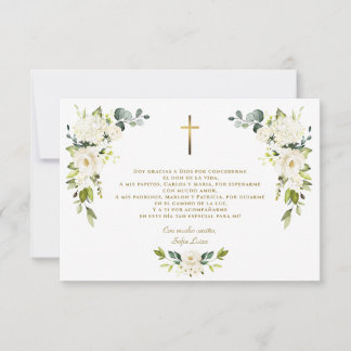 Tarjeta De Agradecimiento Floral blanca gracias con oración bautizo