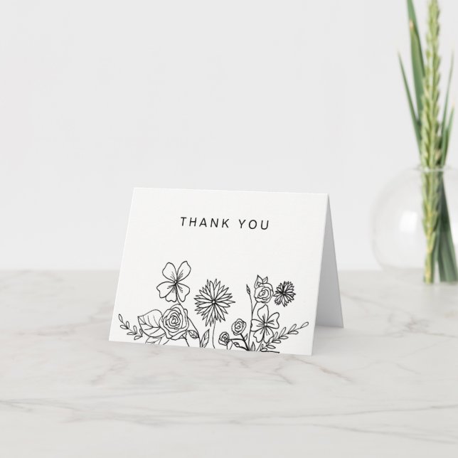 Tarjeta De Agradecimiento Floral blanca negra simple genérico Gracias (Anverso)