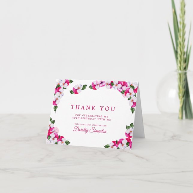 Tarjeta De Agradecimiento Floral blanca rosada 40 cumpleaños (Anverso)
