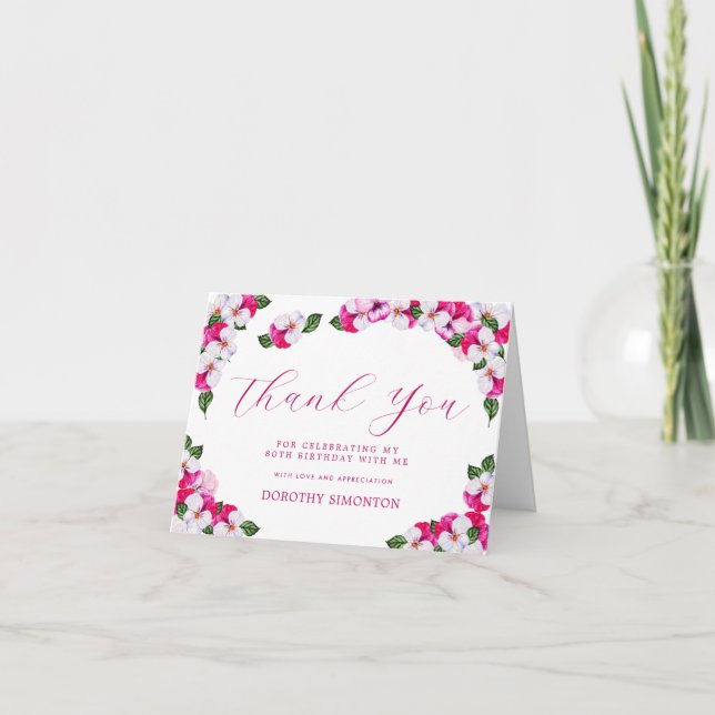 Tarjeta De Agradecimiento Floral blanca rosada 80 cumpleaños (Anverso)