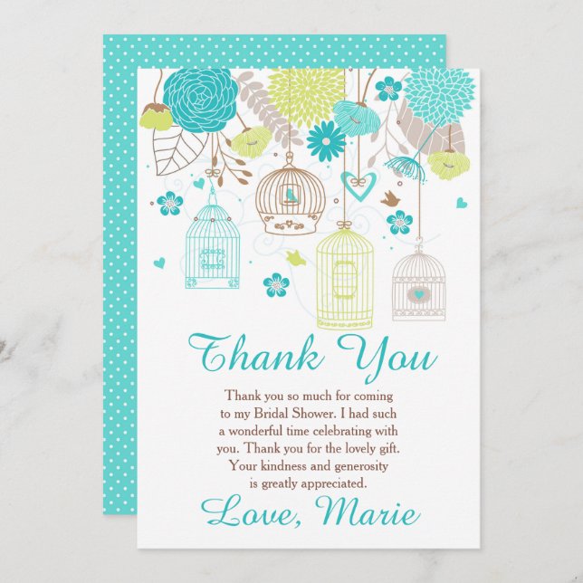 Tarjeta De Agradecimiento Floral Blue and Green Bridal Shower  (Anverso / Reverso)