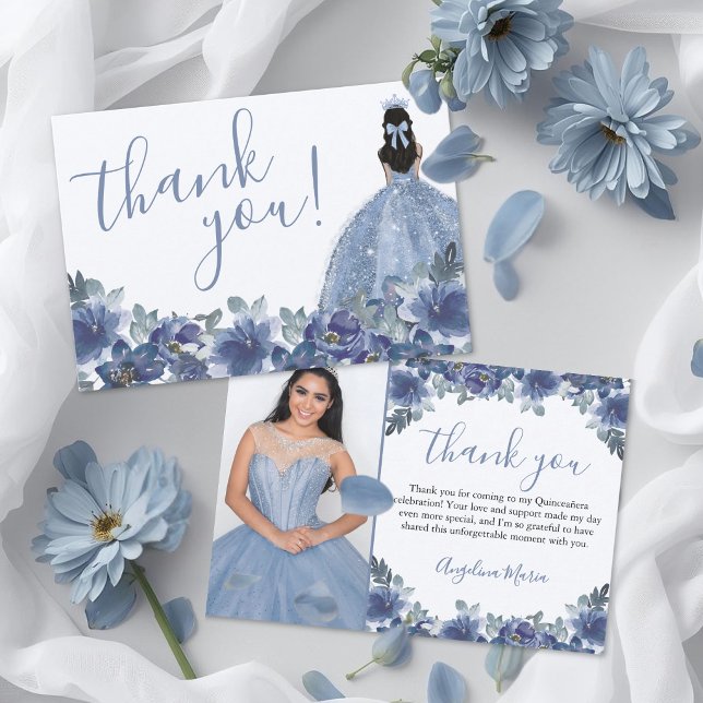 Tarjeta De Agradecimiento Floral Blue Quinceanera (Floral Blue Quinceanera Thank You Card )