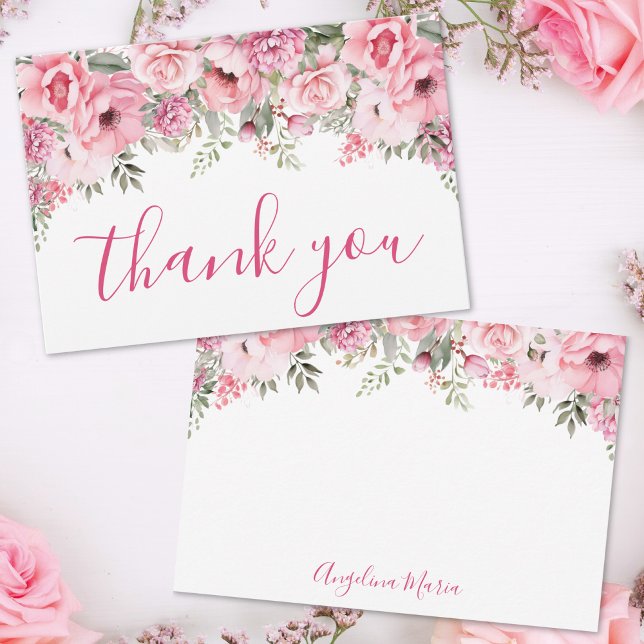 Tarjeta De Agradecimiento Floral Blush Pink Quinceañera (Floral Blush Pink Quinceañera Thank You Card)