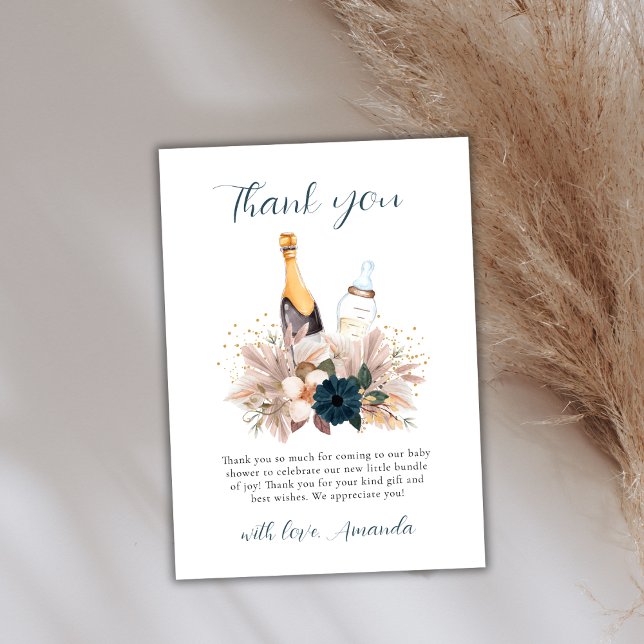 Tarjeta De Agradecimiento Floral Boho Poppin Champagne Botellas Baby Shower (Floral Boho Poppin Champagne Bottles Baby Shower Thank You Card)