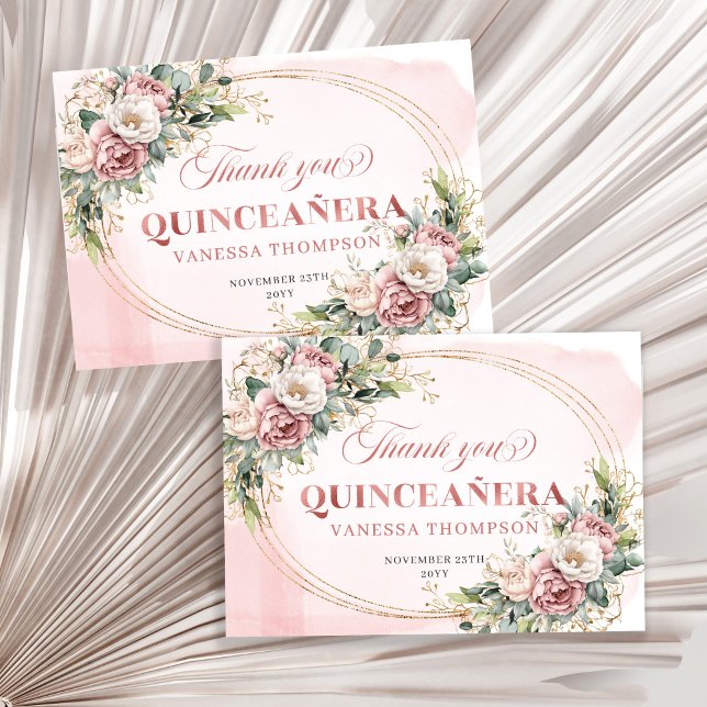 Tarjeta De Agradecimiento Floral Boho Quinceañera Thank You Card Dusty Pink  (Floral Boho Quinceañera Thank You Card Dusty Pink Gold)