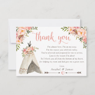 Tarjeta De Agradecimiento Floral Boho Teepee Moda tras Baby Shower tribal