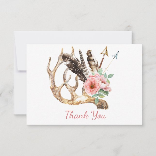 Tarjeta de agradecimiento floral boho y de asta (Anverso)