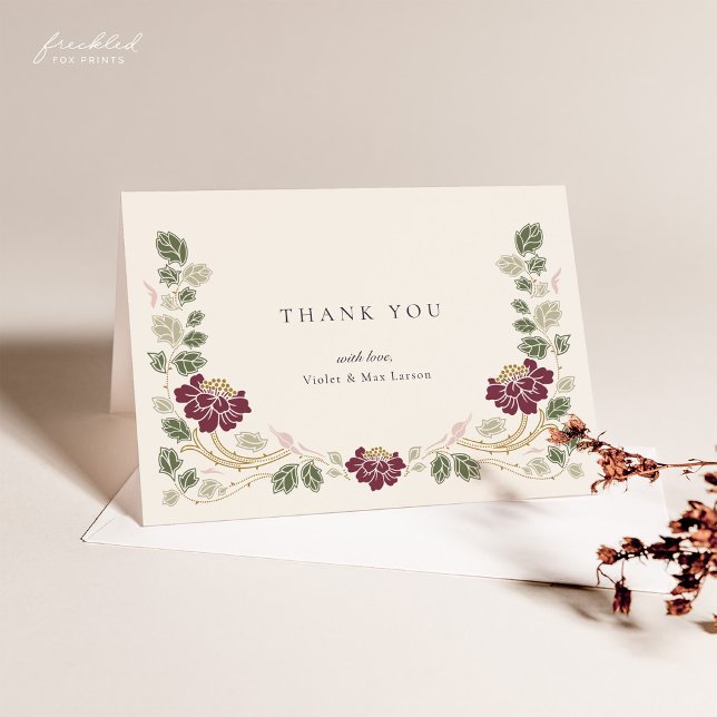 Tarjeta de agradecimiento floral borgoña (Burgundy Floral Art Nouveau Wedding Thank You Notecard)