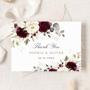 Tarjeta de agradecimiento floral borgoña con veget