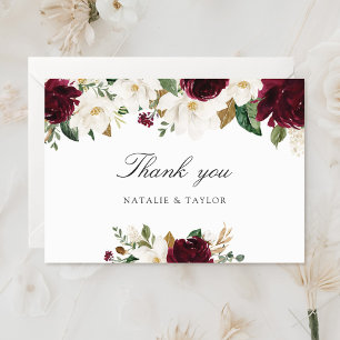 Tarjeta De Agradecimiento Floral Borgoña Magnolia Verde Boda elegante