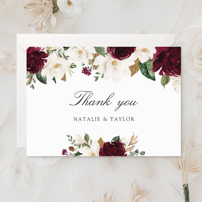 Tarjeta De Agradecimiento Floral Borgoña Magnolia Verde Boda elegante (Subido por el creador)