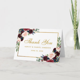Tarjeta De Agradecimiento Floral Burgundy Azul Boda Oro Gracias Fold Card