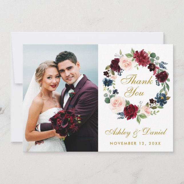 Tarjeta De Agradecimiento Floral Burgundy Blue Wreath Boda Gold Gracias W (Anverso)