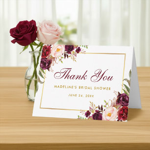 Tarjeta De Agradecimiento Floral Burgundy Gold Bridal Shower Thanks B Note