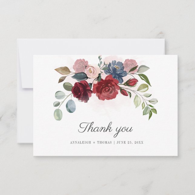 Tarjeta De Agradecimiento Floral Burgundy Greenery Eucalyptus Boda (Anverso)