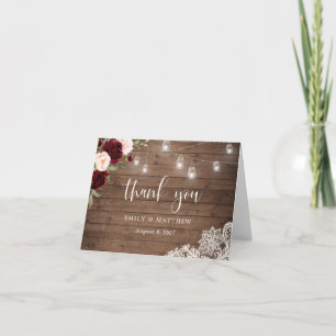 Tarjeta De Agradecimiento Floral Burgundy Rústico Madera Luces de cuerdas de