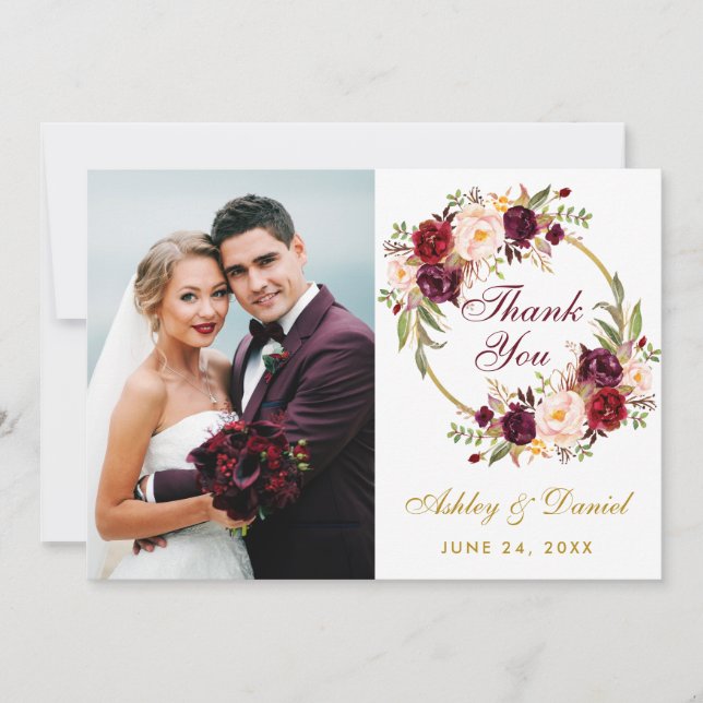 Tarjeta De Agradecimiento Floral Burgundy Wreath Boda Foto (Anverso)
