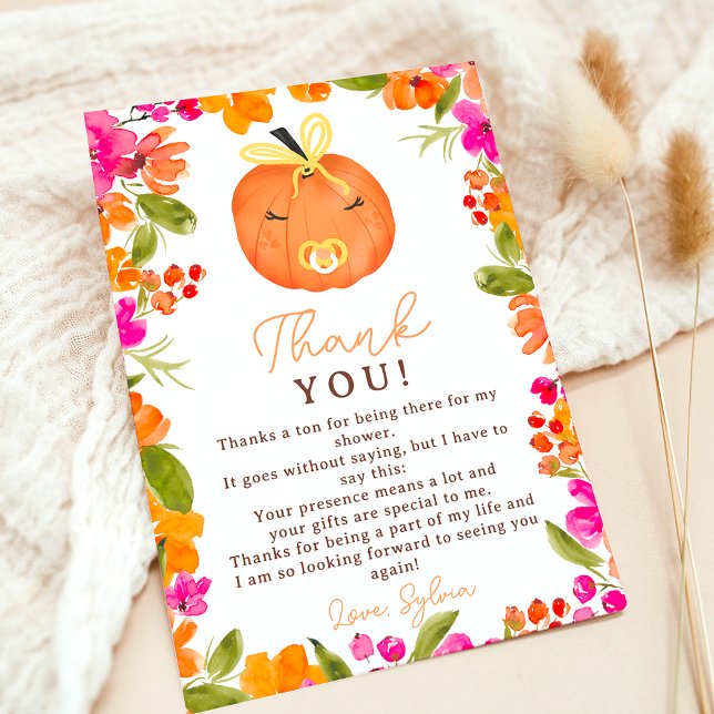 Tarjeta De Agradecimiento Floral Caída lindo calabaza pequeña ducha bebé (Floral Fall cute little pumpkin baby shower Thank You Card)