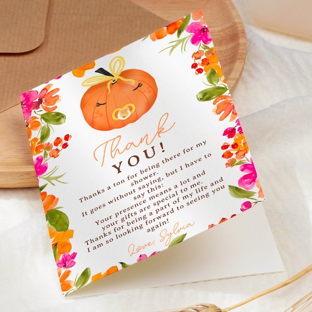 Tarjeta De Agradecimiento Floral Caída lindo calabaza pequeña ducha bebé (Floral Fall cute little pumpkin baby shower Thank You Card)