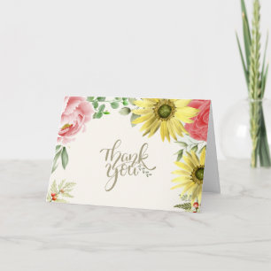 Tarjeta De Agradecimiento Floral color de agua rosa y amarilla gracias