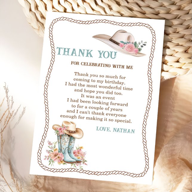 Tarjeta De Agradecimiento Floral Cowgirl Boots and Hat Birthday (Subido por el creador)