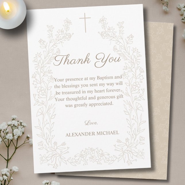Tarjeta De Agradecimiento Floral Cross Christening Baptism Thank You (Subido por el creador)