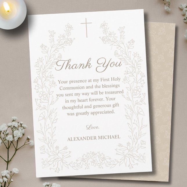 Tarjeta De Agradecimiento Floral Cross First Holy Communion  (Subido por el creador)