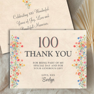 Tarjeta De Agradecimiento Floral Cumpleaños 100 – Elegante Flor Silvestre