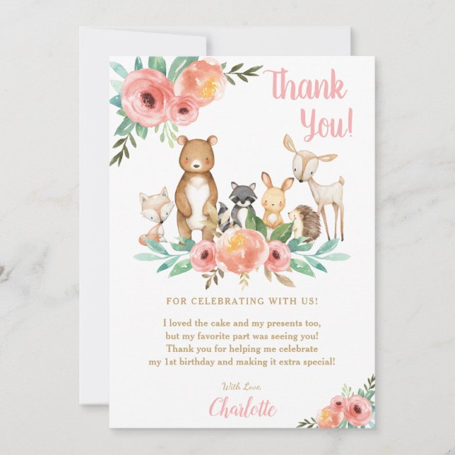 Tarjeta De Agradecimiento Floral Cute Woodland Animales Chica Fiesta de Cump (Anverso)