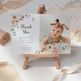 Tarjeta De Agradecimiento Floral de acuarela neutra | Foto de bautismo