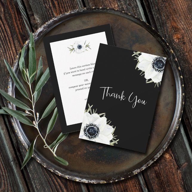 Tarjeta De Agradecimiento Floral de anémonas blancas negras gracias (Black and White Anemones Floral Flat Thank You Cards - 3.5" x 5")