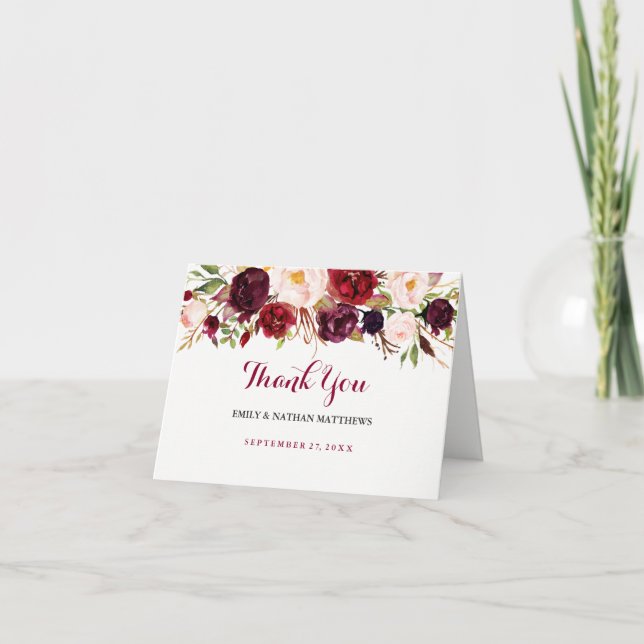 Tarjeta de agradecimiento floral de boda en rojo b (Anverso)