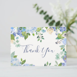 Tarjeta De Agradecimiento Floral de Boda Verde Elegante Hortensias Azules