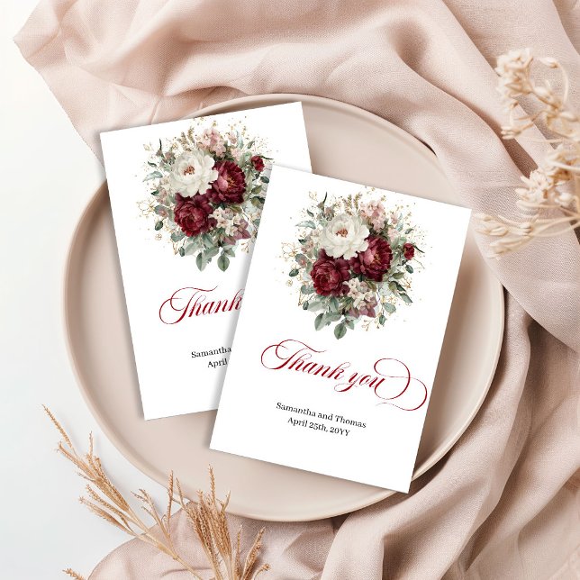 Tarjeta de agradecimiento floral de Borgoña Bohemi (Designer Bohemian Burgundy Floral Thank You Card)