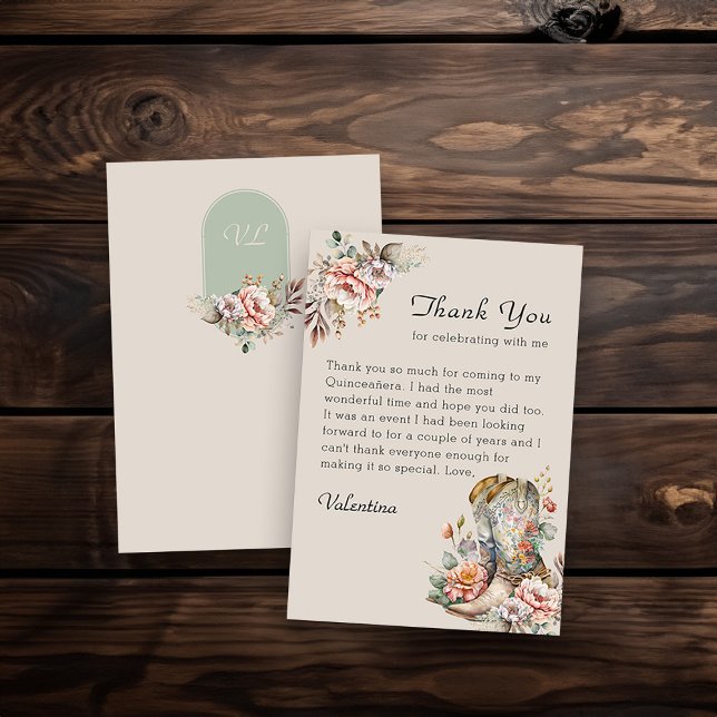 Tarjeta De Agradecimiento Floral de gallina bota bots rusos boho (Monogrammed Thank you Card from my Boho Floral Cowgirl Boots Quinceanera Collection
)