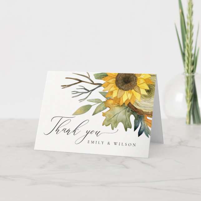 TARJETA DE AGRADECIMIENTO FLORAL DE GIRASOL AMARILLO RÚSTICO ACUARELA BODA (Anverso)