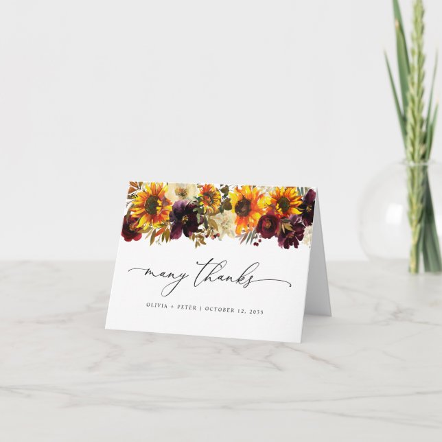 Tarjeta De Agradecimiento Floral de girasol rústico otoño borgoña Boda (Anverso)