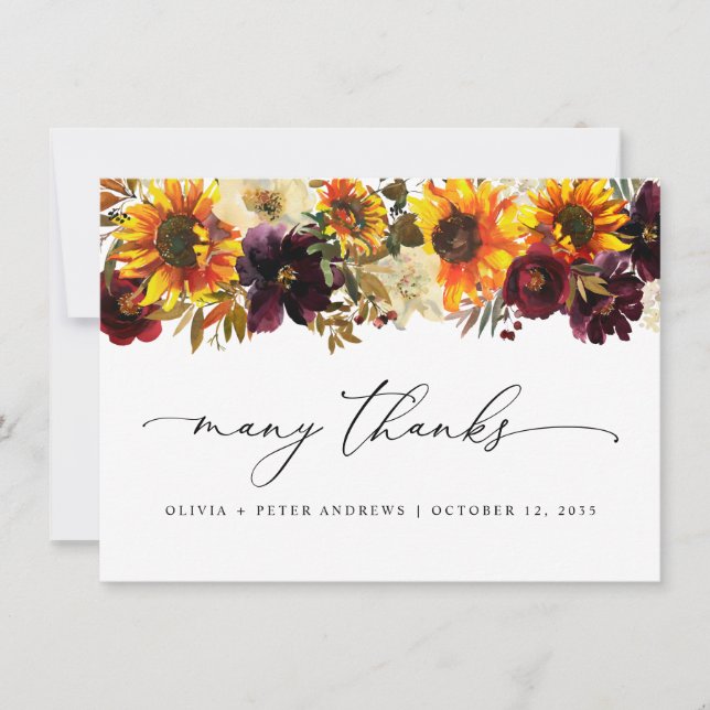 Tarjeta De Agradecimiento Floral de girasol rústico otoño borgoña Boda (Anverso)
