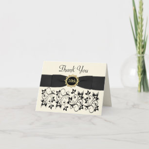 Tarjeta de agradecimiento floral de marfil negro d