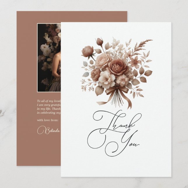 Tarjeta De Agradecimiento Floral de Mousse Mocha Neutral Elegante (Anverso / Reverso)