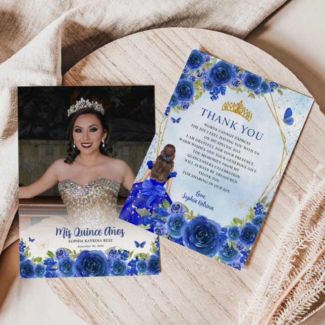 Tarjeta De Agradecimiento Floral de oro azul marino Princesa Quinceañera Fot (Subido por el creador)