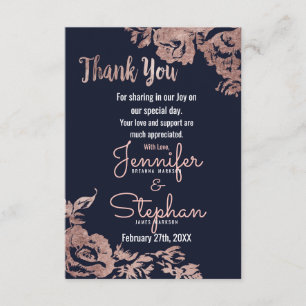 Tarjeta De Agradecimiento Floral de oro azul marino y Rosa gracias