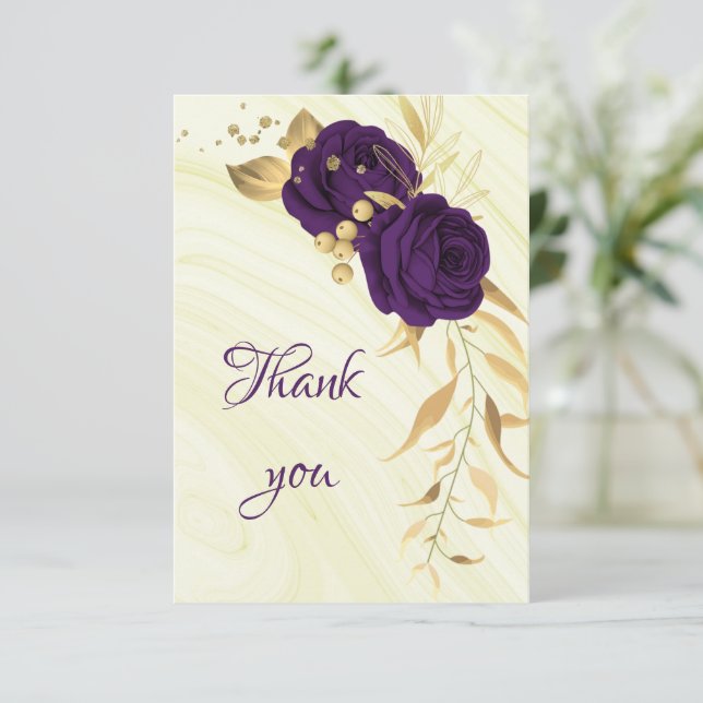 Tarjeta De Agradecimiento floral de oro púrpura real (Anverso de pie)