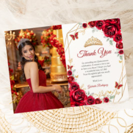 Tarjeta De Agradecimiento Floral de oro rojo Quinceanera Foto
