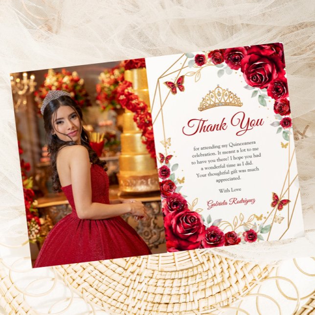 Tarjeta De Agradecimiento Floral de oro rojo Quinceanera Foto (Subido por el creador)