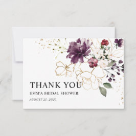 Tarjeta De Agradecimiento Floral de oro y vino gracias a la ducha de novia