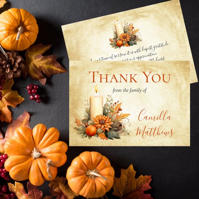 Tarjeta De Agradecimiento Floral de otoño elegante | Candle Bereavement Grac (Elegant Fall Floral Candle Funeral | Bereavement Thank You)