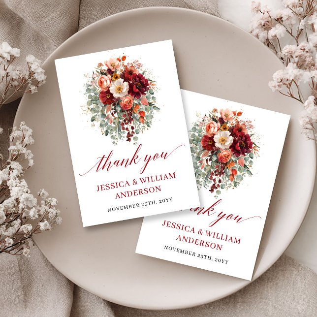 Tarjeta de agradecimiento floral de otoño romántic (Romantic Fall Marsala Floral Thank You Card

)