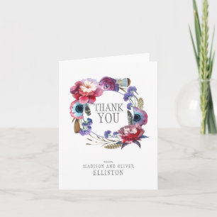 Tarjeta De Agradecimiento Floral de peonía silvestre con plumas Gracias