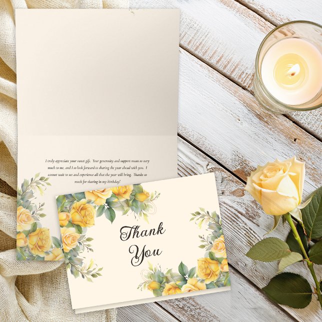 Tarjeta de agradecimiento floral de rosa amarilla  (Elegant yellow rose floral thank you folded card with soft greenery and warm cream background)